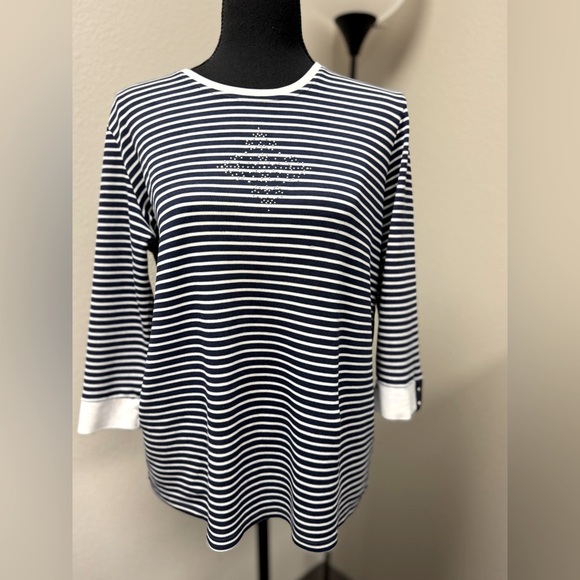 Allison Daley Navy and White Striped Top 3/4 sleeves  size Medium - Picture 1 of 6